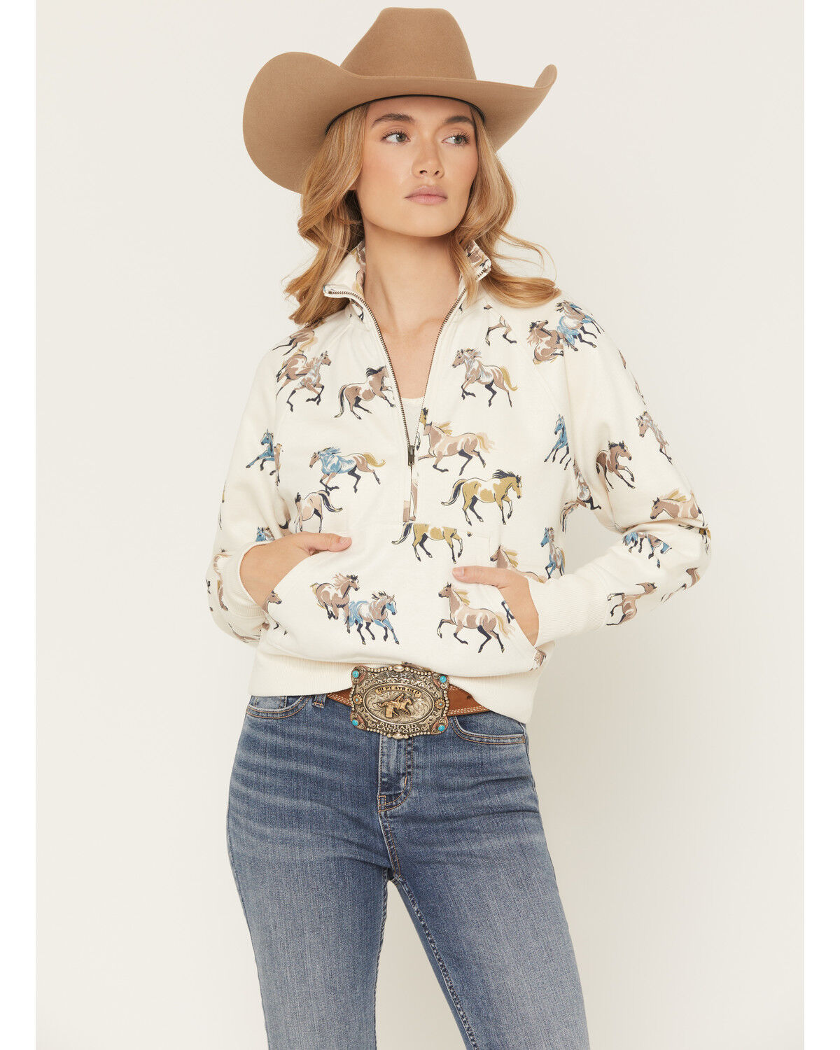Image #1 - Shyanne Women's Horse Print 1/2 Zip Fleece Pullover, Cream, hi-res