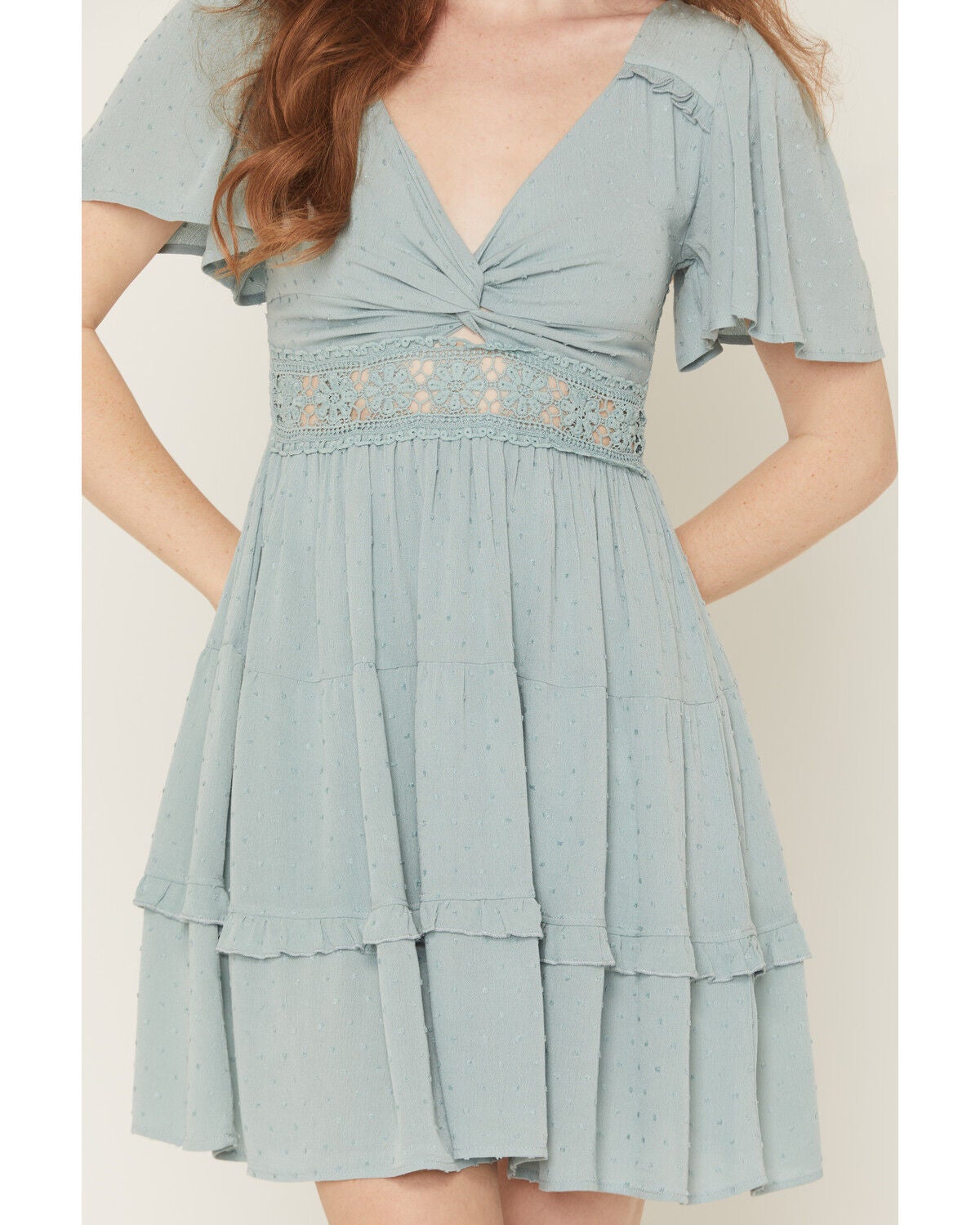Image #3 - Wild Moss Women's Crochet Inset Short Sleeve Mini Dress, Aqua, hi-res