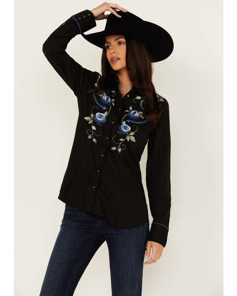 Roper Women's Floral Embroidered Long Sleeve Snap Western Shirt , Black, hi-res