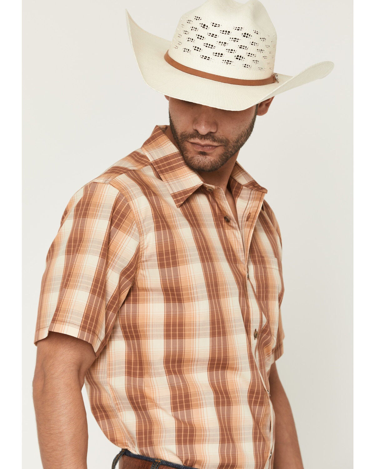 Image #2 - Gibson Trading Co Men's Bandit Blue Plaid Print Short Sleeve Button-Down Western Shirt, Brown, hi-res