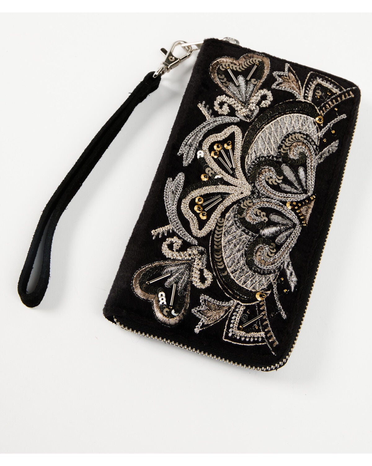 Shyanne Women's Velvet Embroidered Wallet, Black, hi-res