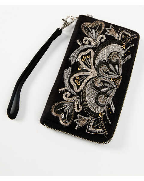 Shyanne Women's Black Velvet Embroidered Wallet, Black, hi-res