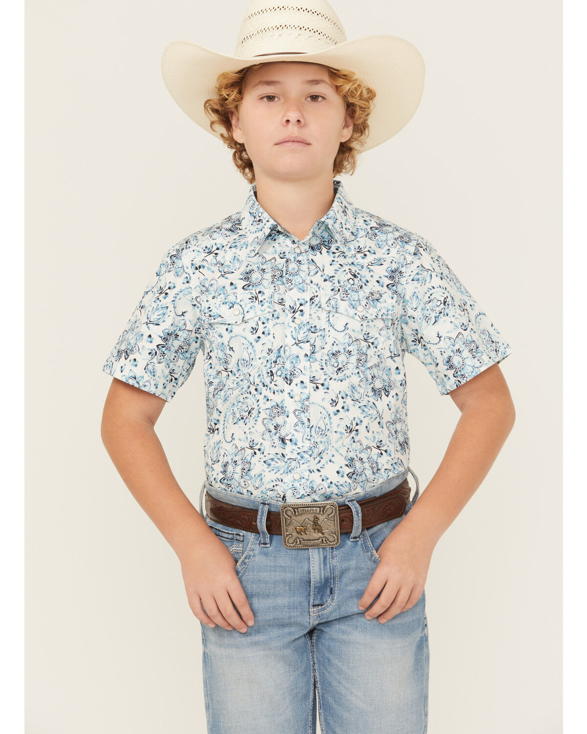 Image #1 - Cody James Boys' Frontier Threads Paisley Print Short Sleeve Snap Western Shirt, White, hi-res