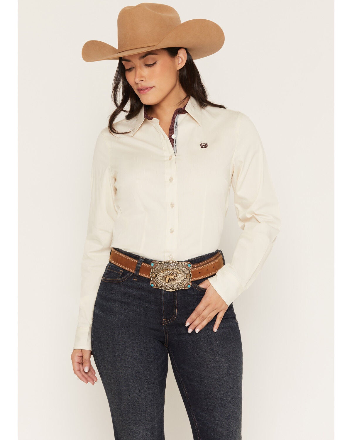 Cinch Women's Striped Long Sleeve Button-Down Western Shirt, Cream, hi-res
