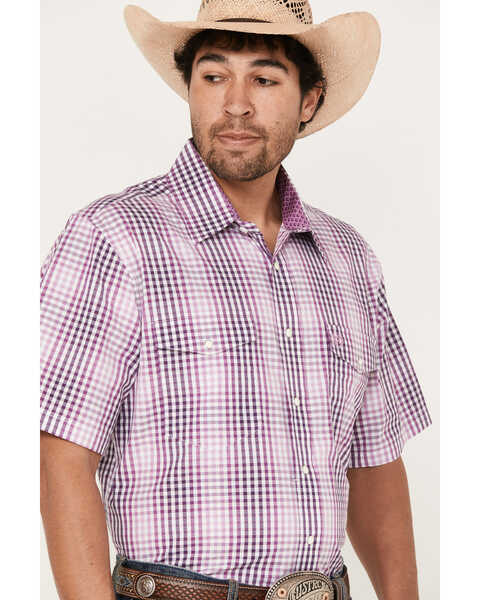 Image #2 - Panhandle Select Men's Check Plaid Print Short Sleeve Snap Western Shirt , Purple, hi-res