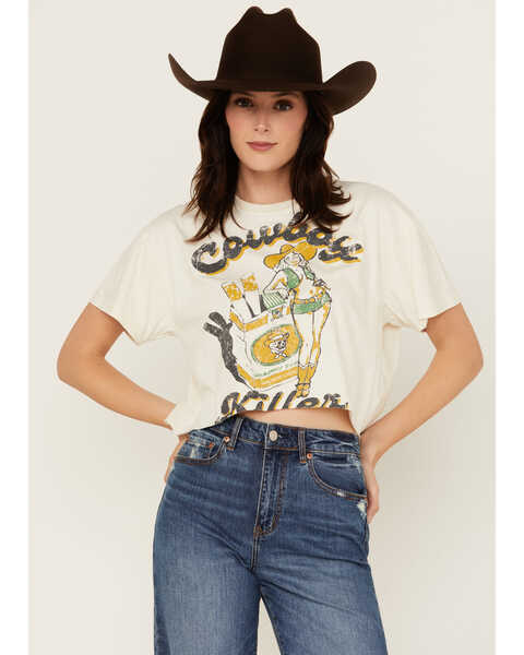 Image #1 - Country Deep Women's Cowboy Killer Short Sleeve Cropped Graphic Tee, Cream, hi-res