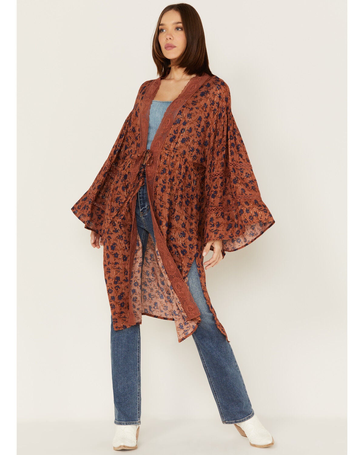 Jen's Pirate Booty Women's Floral Print Wildflower Trinity Kimono, Rust Copper, hi-res