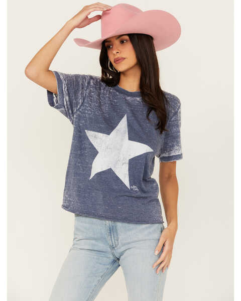 Image #1 - Bohemian Cowgirl Women's Burnout Star Short Sleeve Graphic Tee, Navy, hi-res