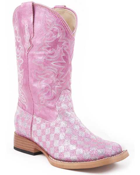 Roper Girls' Glitter Checker Western Boots - Square Toe, Pink, hi-res
