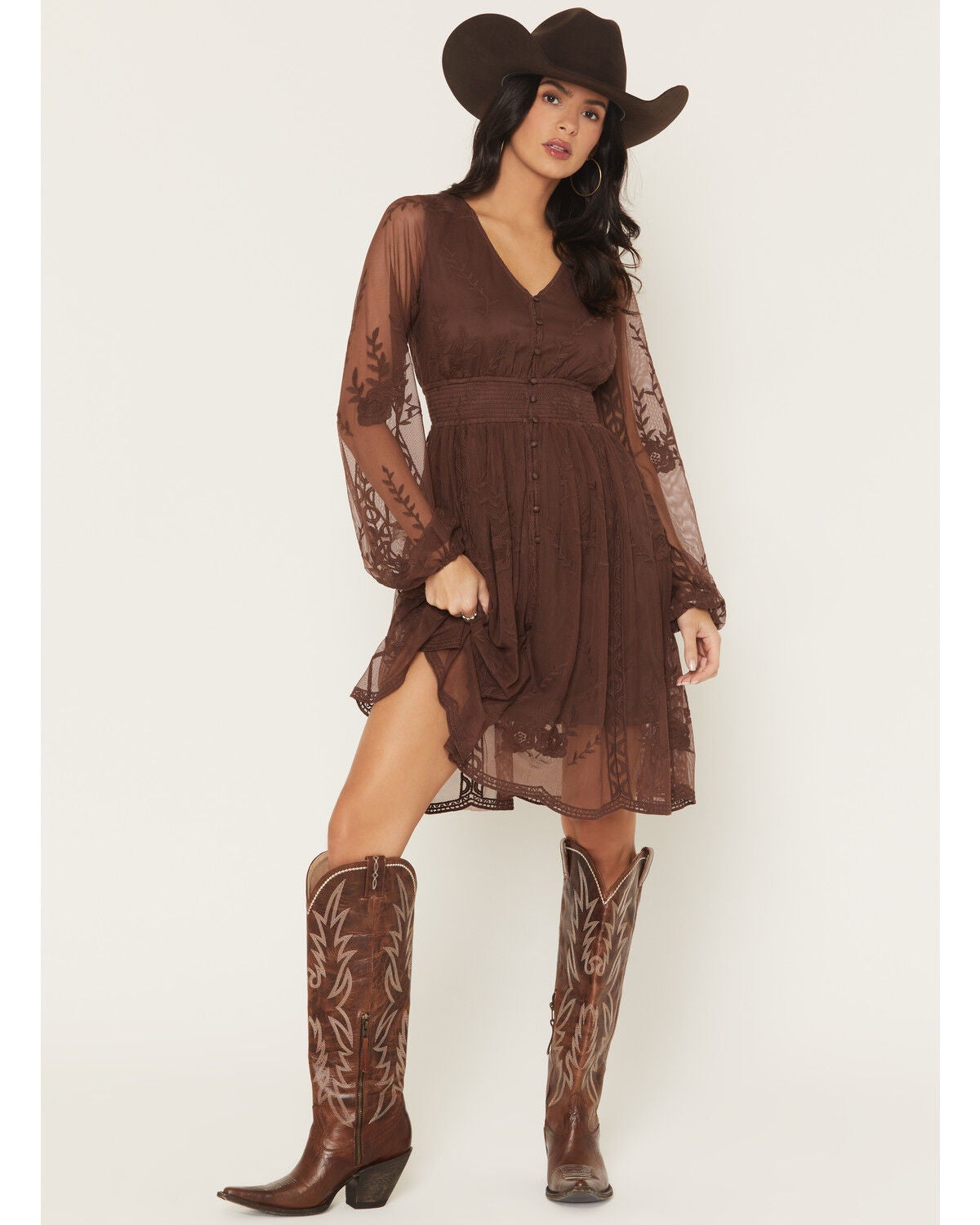 Shyanne Women's Embroidered Mesh Long Sleeve Button Front Mini Dress, Brown, hi-res