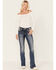 Image #3 - Miss Me Women's Medium Wash Mid Rise Embroidered Stone & Sequin Bootcut Jeans, Dark Blue, hi-res