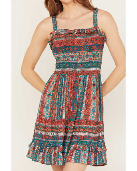 Angie Women's Multi Border Print Tier Dress, Multi, hi-res