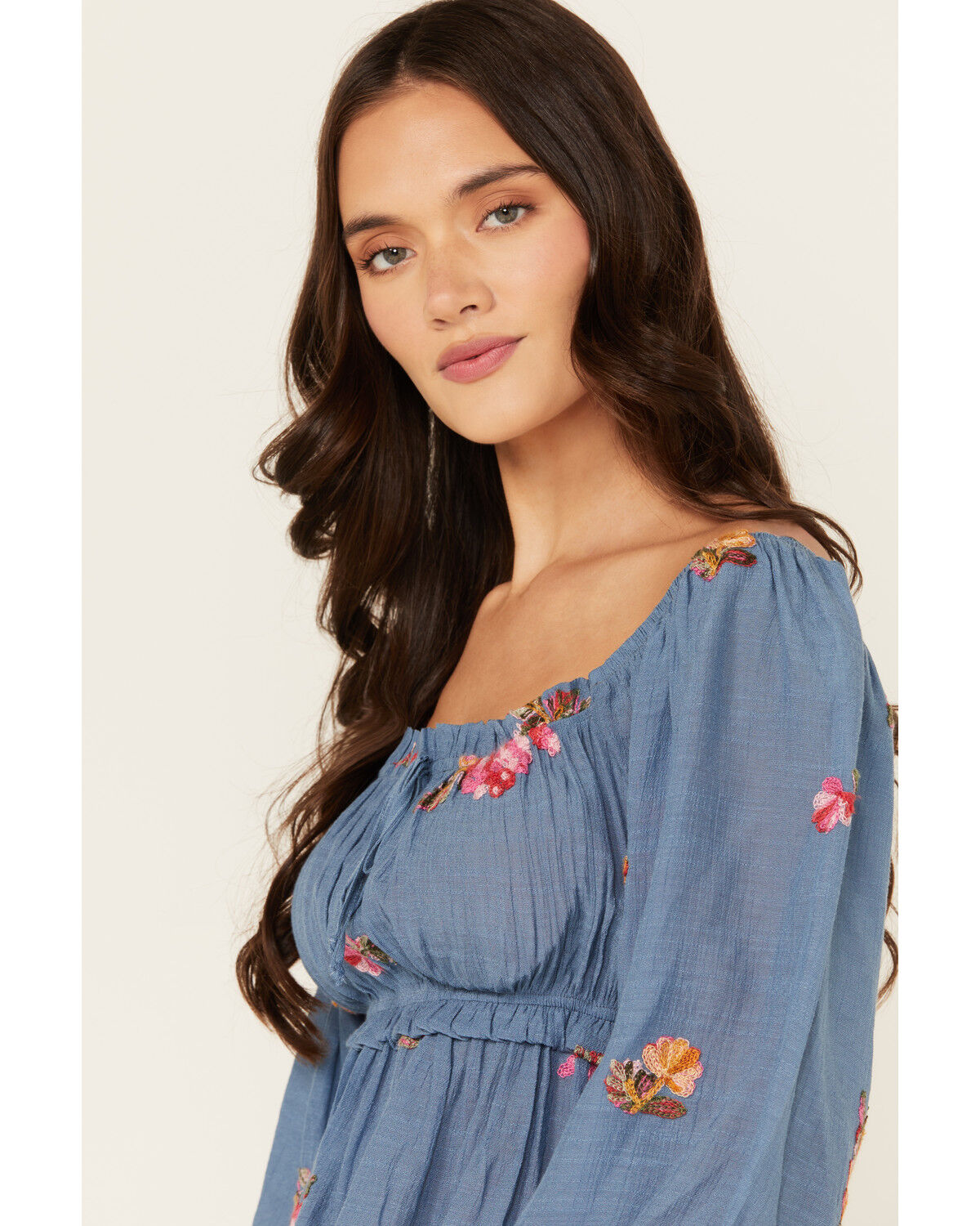 Image #2 - Wild Moss Women's Floral Embroidered 3/4 Sleeve Top, Blue, hi-res