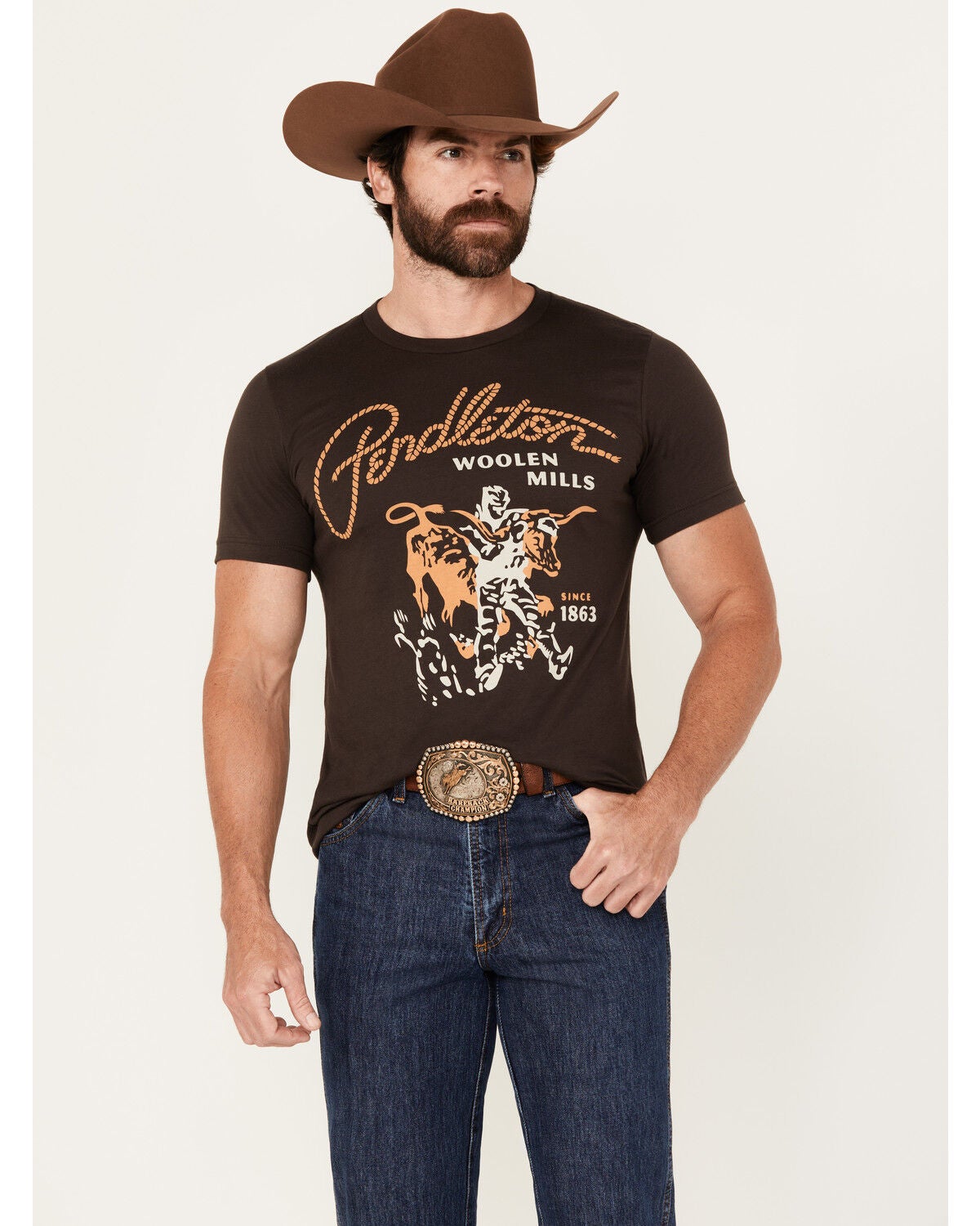 Image #1 - Pendleton Men's Boot Barn Exclusive Steer Rodeo Short Sleeve Graphic T-Shirt, Brown, hi-res