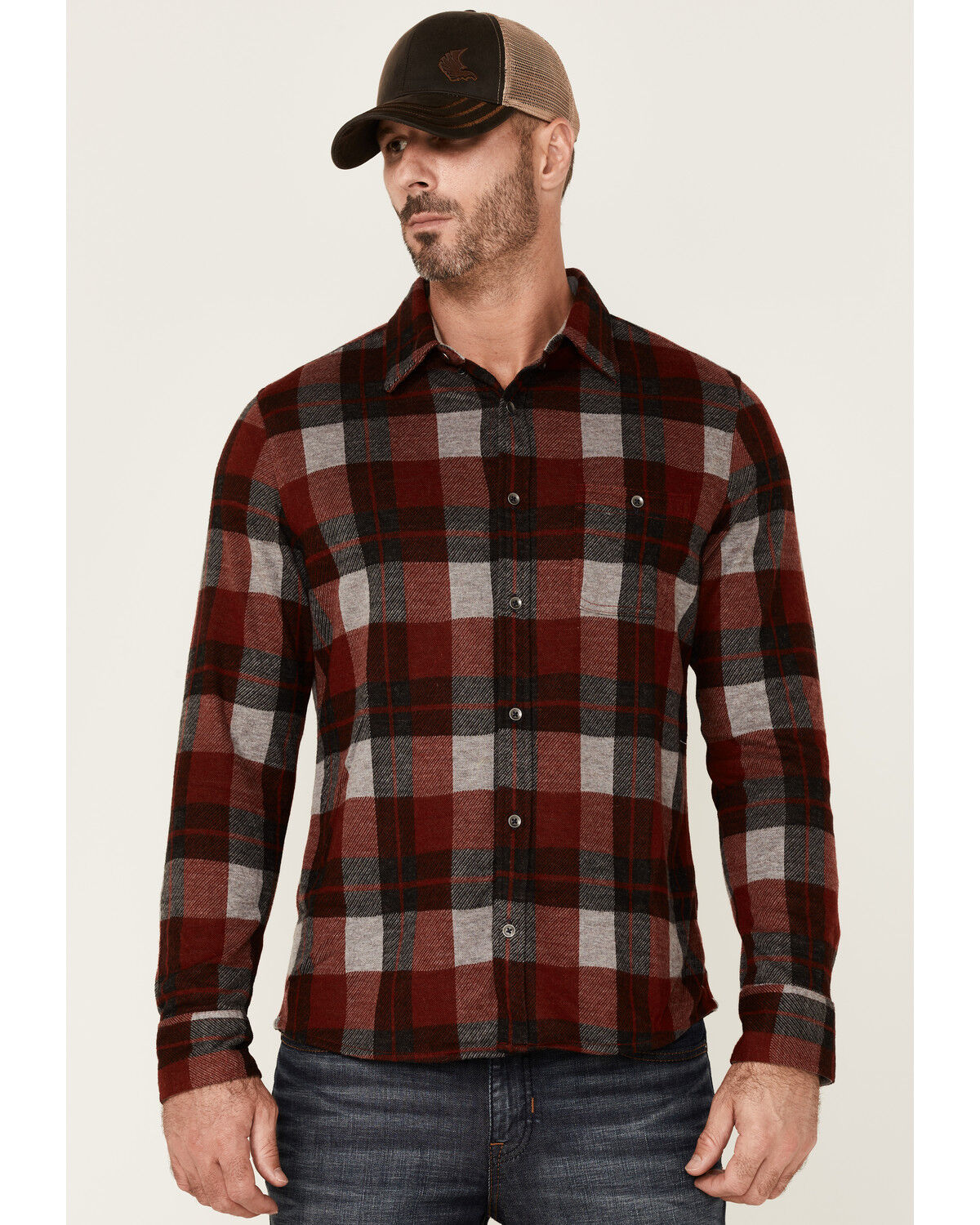 Image #1 - Flag & Anthem Men's Berks Plaid Textured Knit Long Sleeve Button-Down Western Shirt, Red, hi-res
