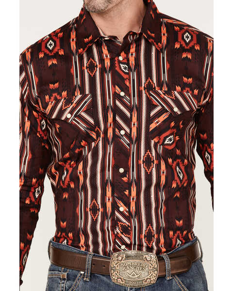 Image #3 - Rock & Roll Denim Men's Southwestern Stripe Stretch Long Sleeve Pearl Snap Shirt, Burgundy, hi-res