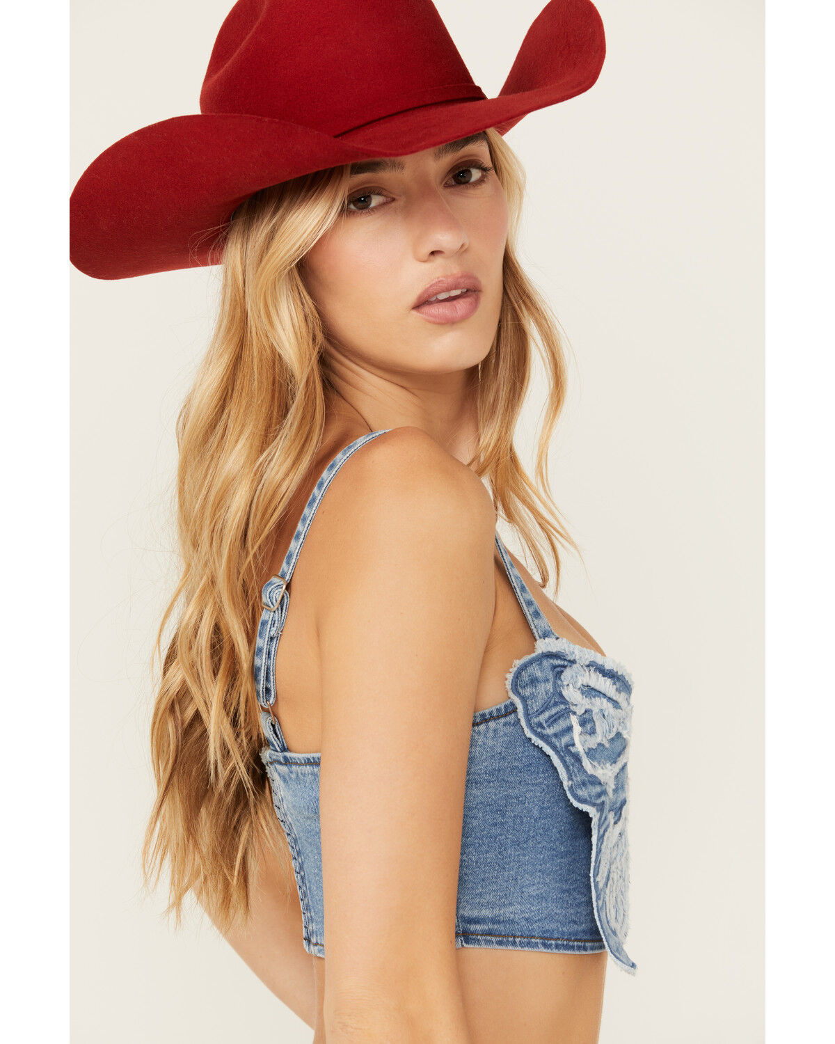 Image #2 - Vibrant Denim Women's Medium Wash Butterfly Denim Cropped Top, Medium Wash, hi-res