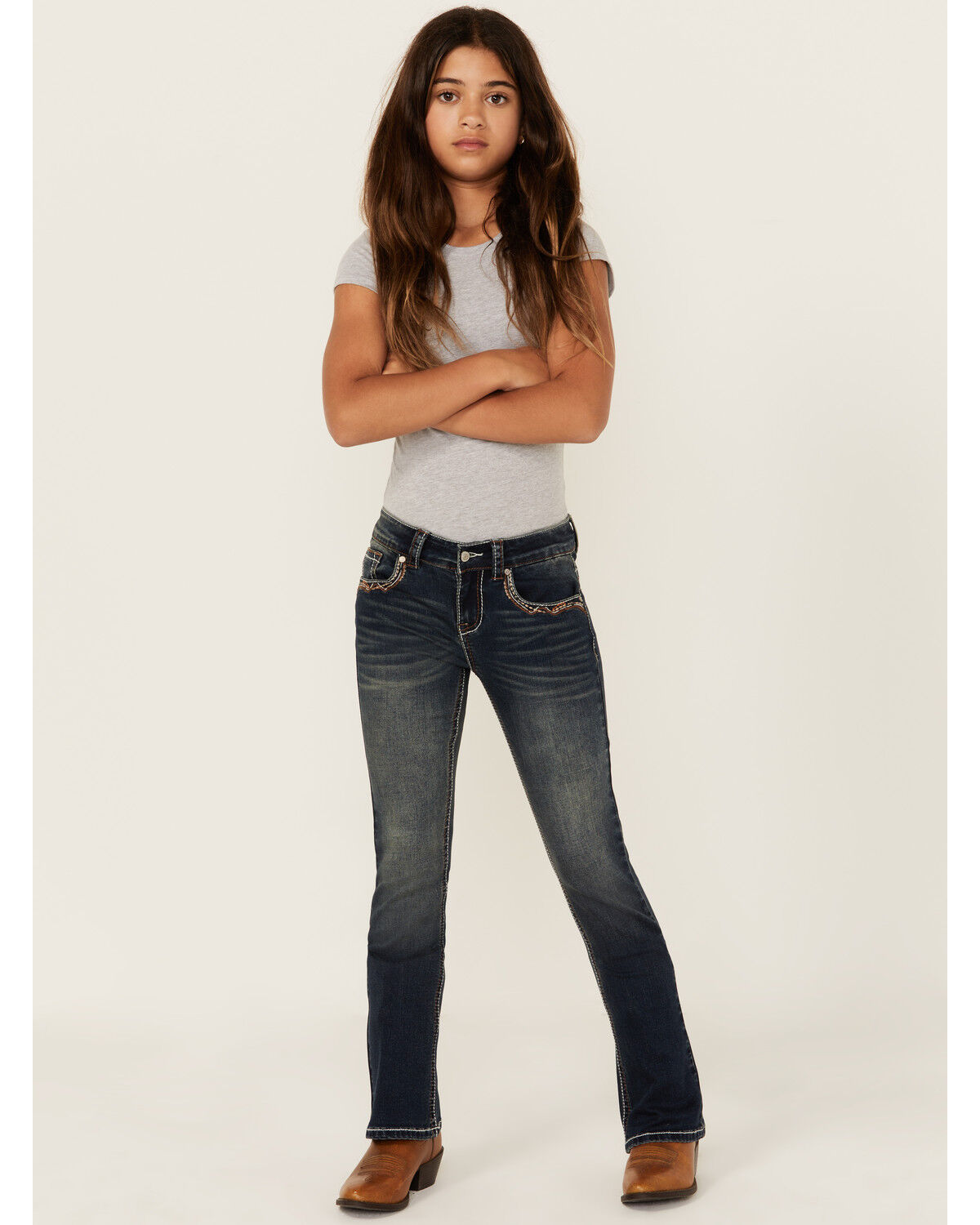 Image #3 - Shyanne Girls' Medium Wash Cowhide Pocket Bootcut Stretch Denim Jeans, Medium Wash, hi-res