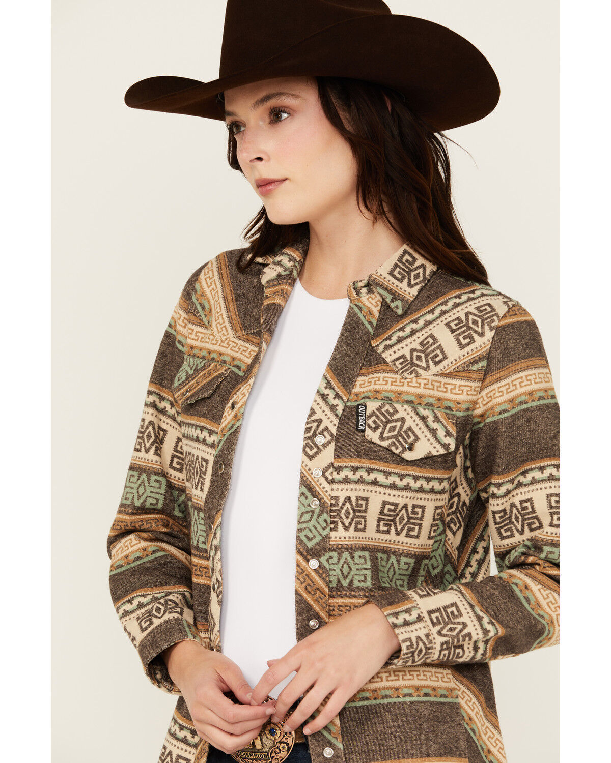 Image #2 - Outback Trading Co Women's Lorelei Southwestern Print Long Sleeve Snap Performance Shirt, Chocolate, hi-res