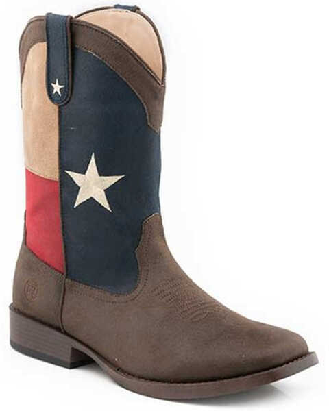 Roper Men's Lone Star Texas Flag Faux Vamp Performance Western Boots - Broad Square Toe , Brown, hi-res