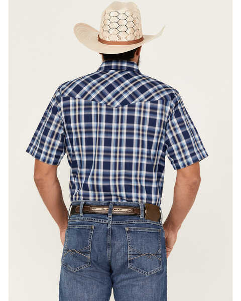 Image #4 - Ely Walker Men's Plaid Print Short Sleeve Pearl Snap Western Shirt, Navy, hi-res