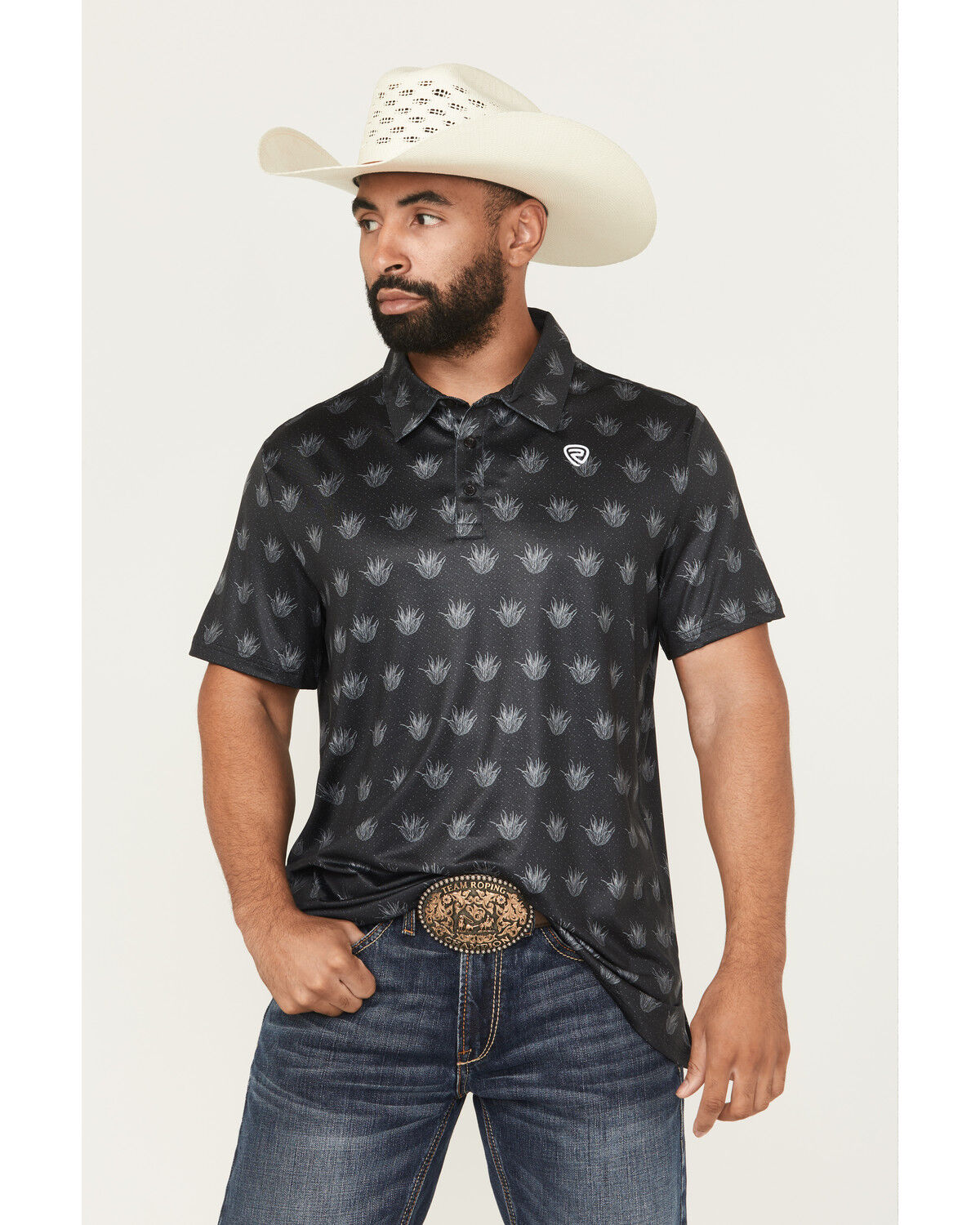 Image #1 - Rock & Roll Denim Men's Agave Print Short Sleeve Button-Down Stretch Polo, Black, hi-res