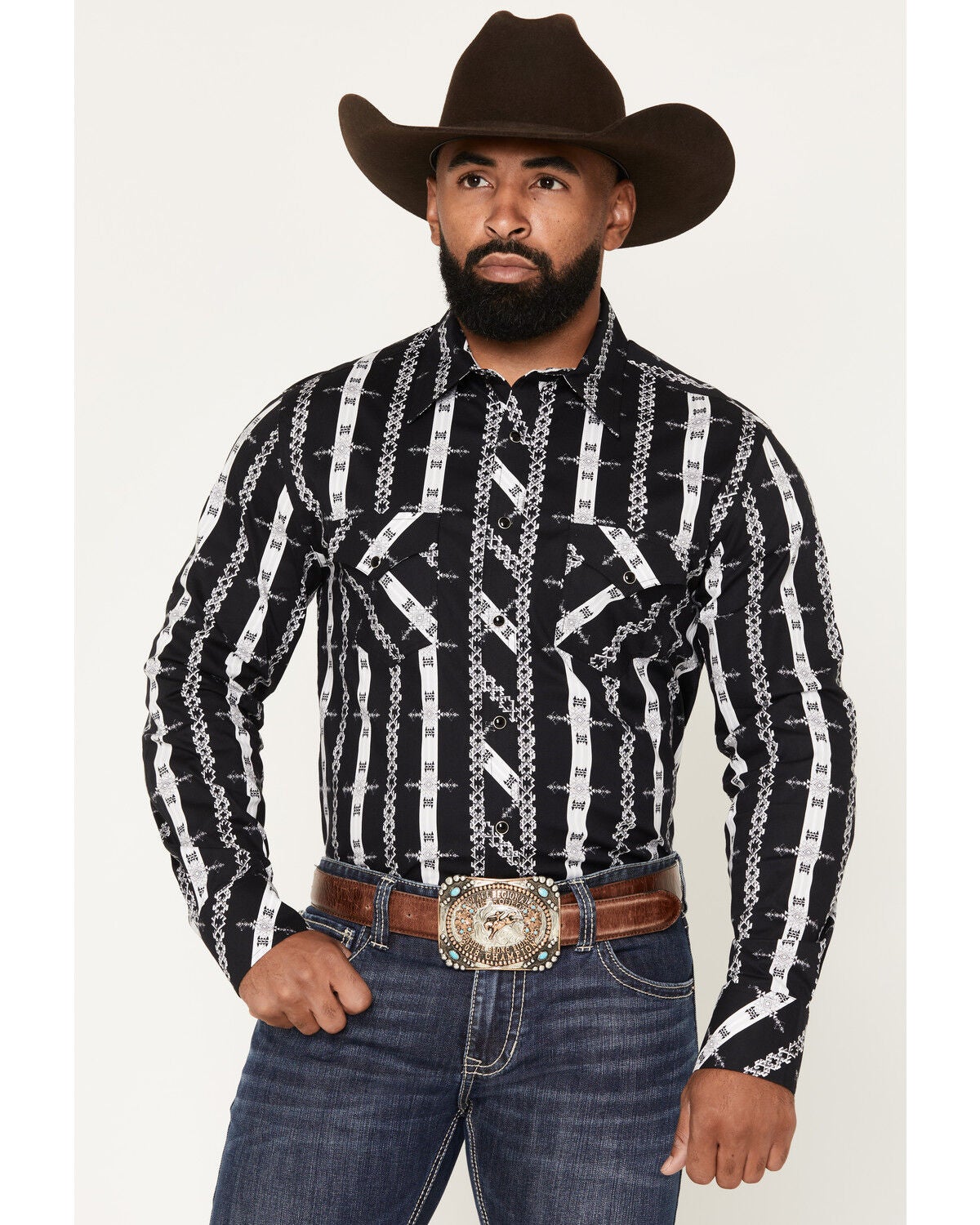 Rock & Roll Denim Men's Southwestern Striped Long Sleeve Snap Stretch Western Shirt, Black, hi-res