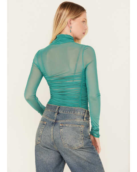 Image #4 - Free People Women's Under It All Ruched Mesh Bodysuit, Teal, hi-res