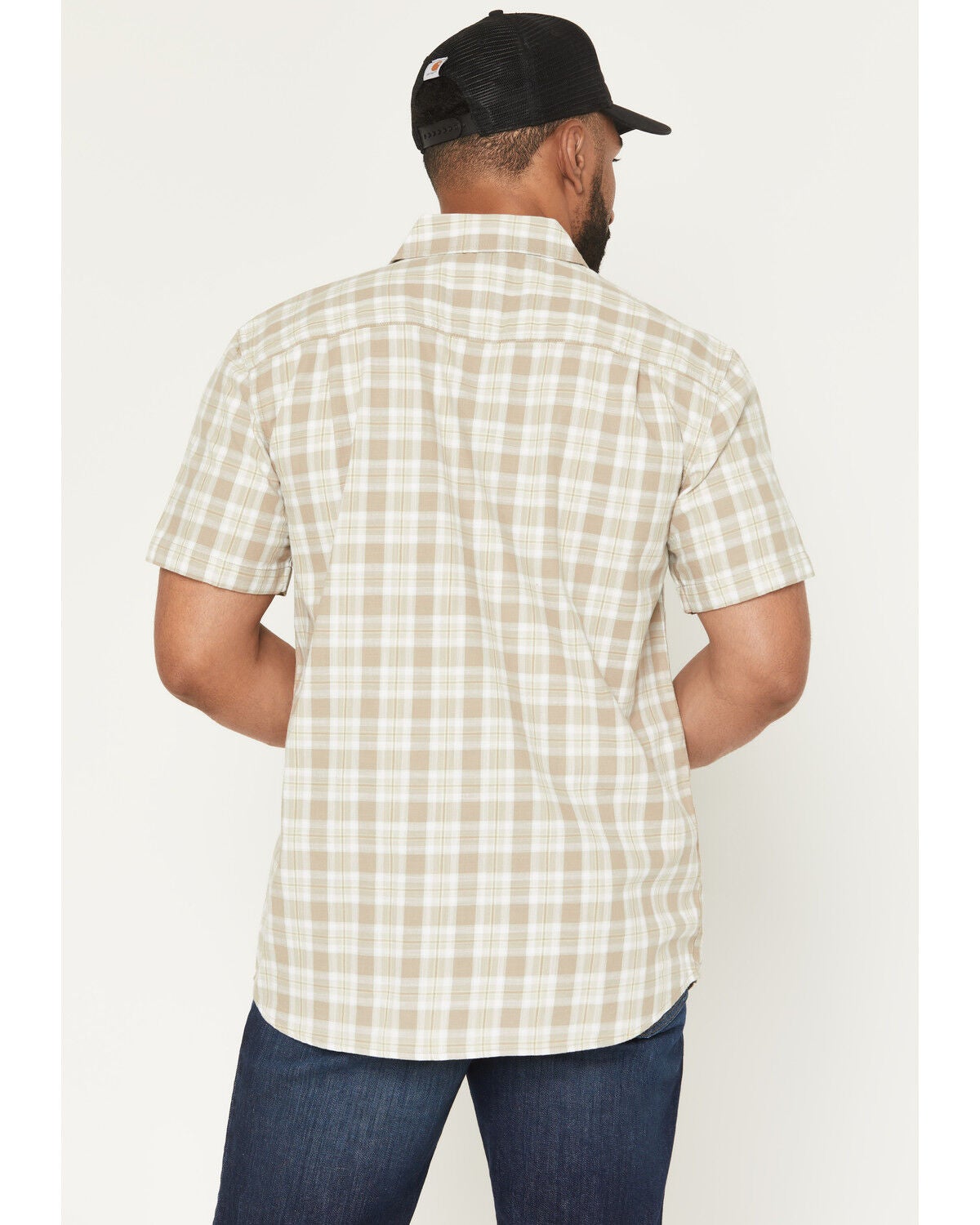 Image #4 - Carhartt Men's Bozeman Rugged Flex&reg; Relaxed Fit Plaid Print Short Sleeve Button-Down Work Shirt, Stone, hi-res