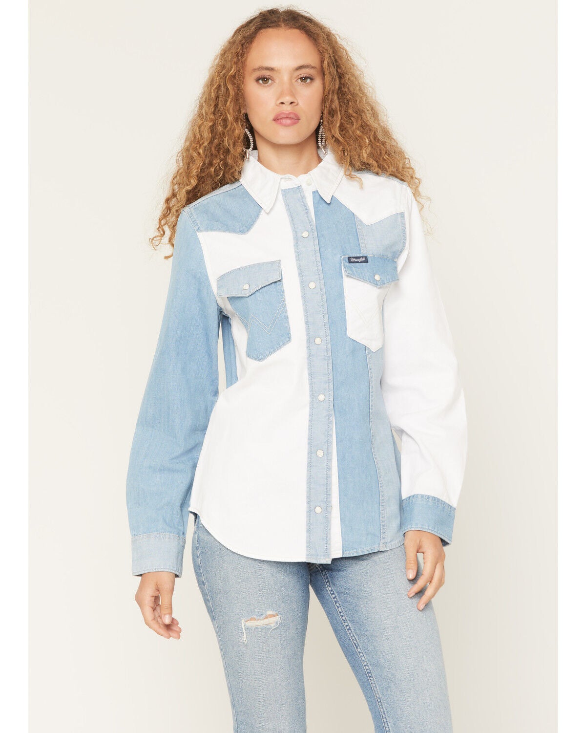 Wrangler Retro Women's Two Tone Long Sleeve Snap Denim Western Shirt, Blue, hi-res