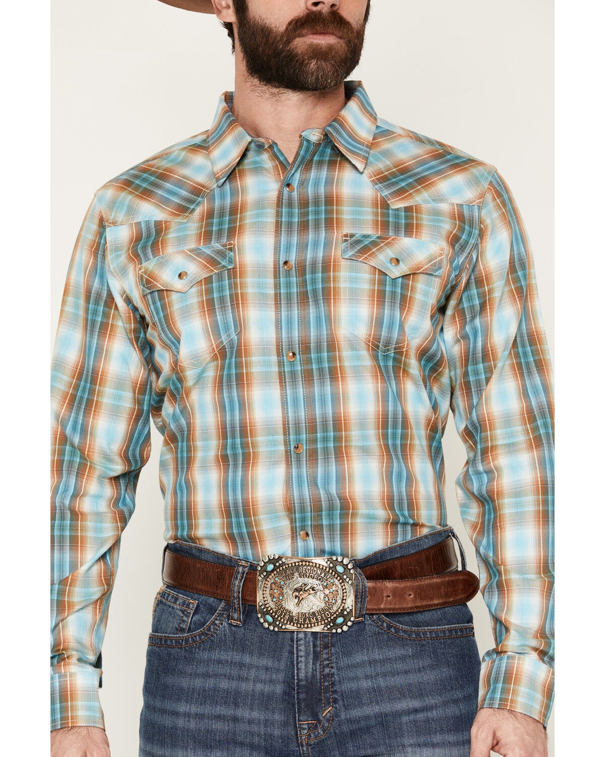 Image #3 - Cody James Men's Solstice Plaid Print Long Sleeve Snap Western Shirt, Light Blue, hi-res