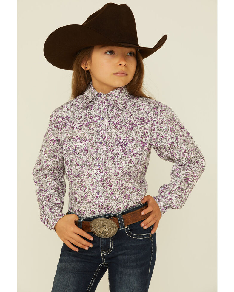 Cowgirl Hardware Girls' Paisley Floral Print Long Sleeve Snap Shirt, Purple, hi-res