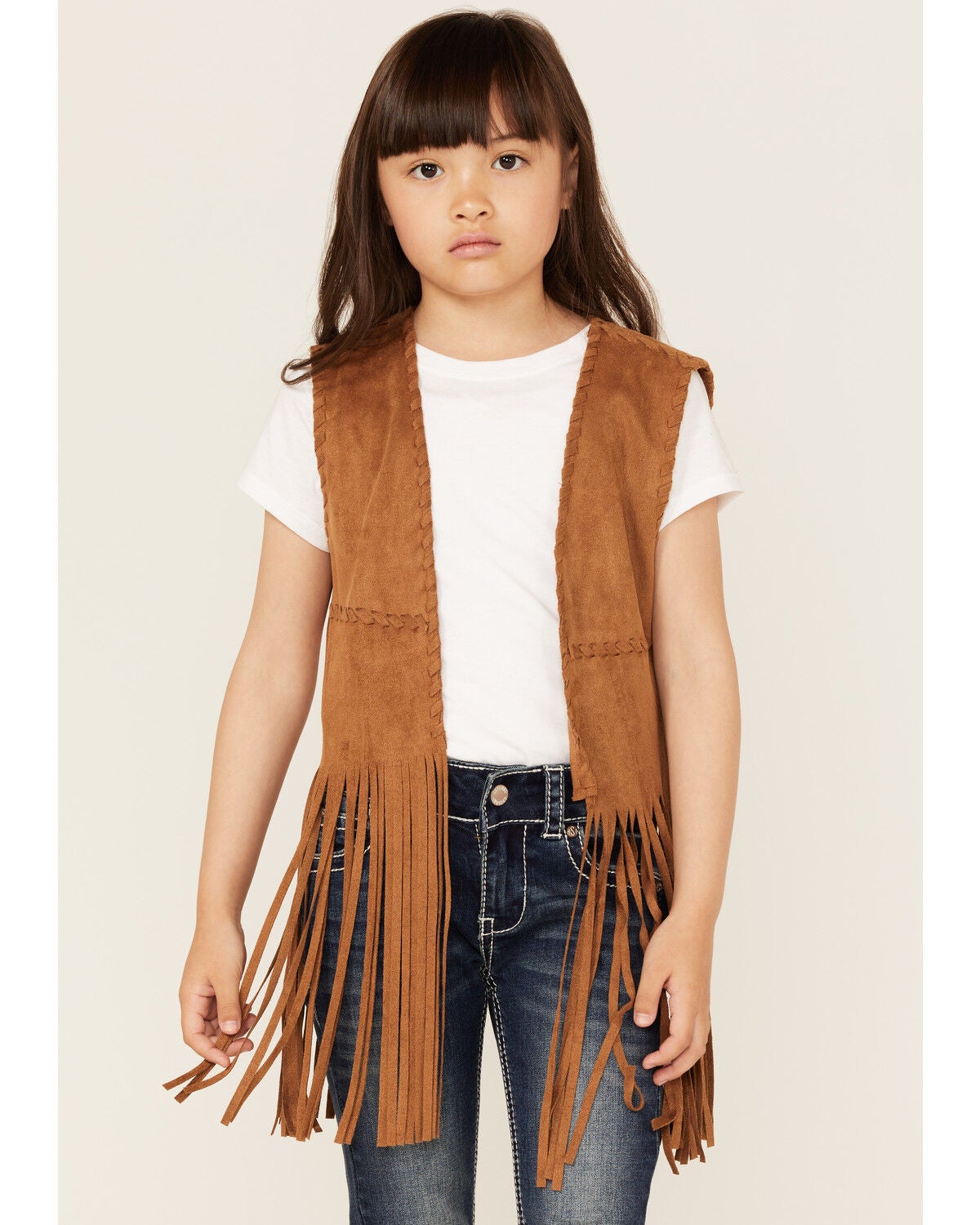 Fornia Little Girls' Fringe Faux Suede Vest, Camel, hi-res
