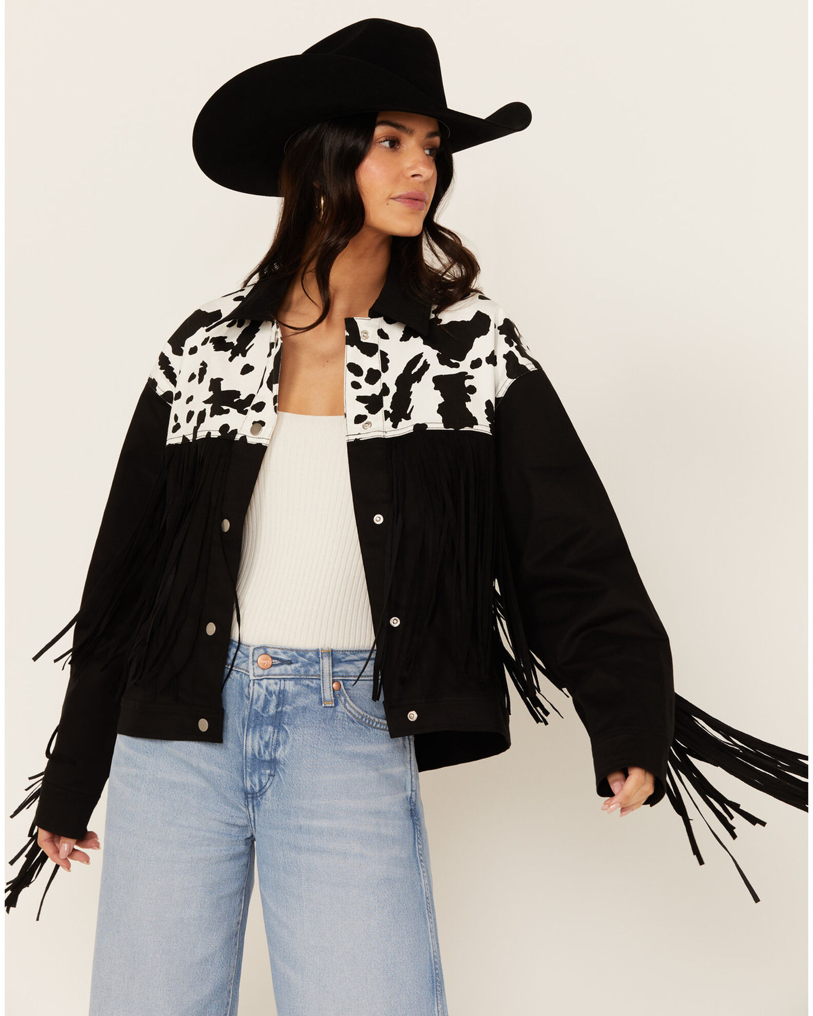 Saints Hearts Women s Cow Print Fringe Jacket Sheplers
