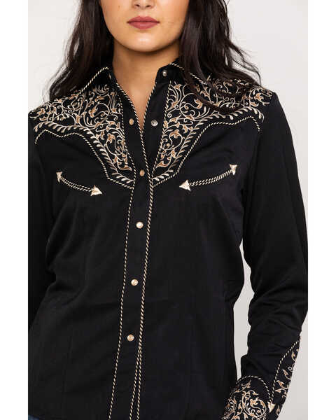 Image #4 - Scully Women's Scroll Embroidered Long Sleeve Pearl Snap Western Shirt, Black/tan, hi-res