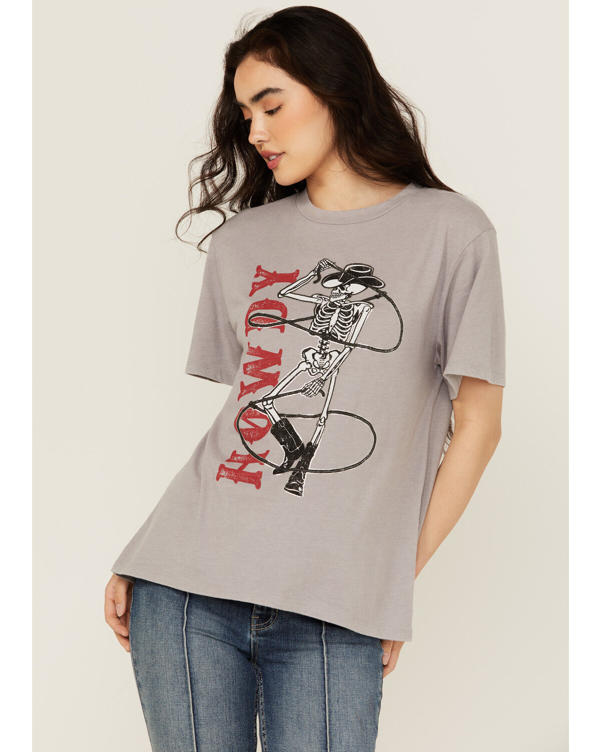 Image #1 - Blended Women's Howdy Skeleton Short Sleeve Graphic Tee, Grey, hi-res