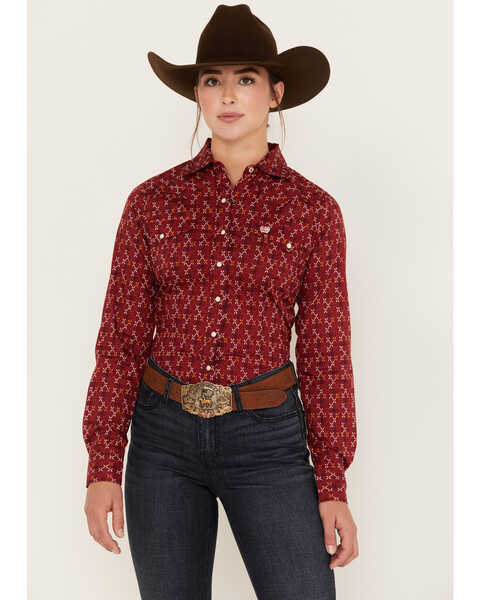 Cinch Women's Long Sleeve Snap Western Shirt, Red, hi-res