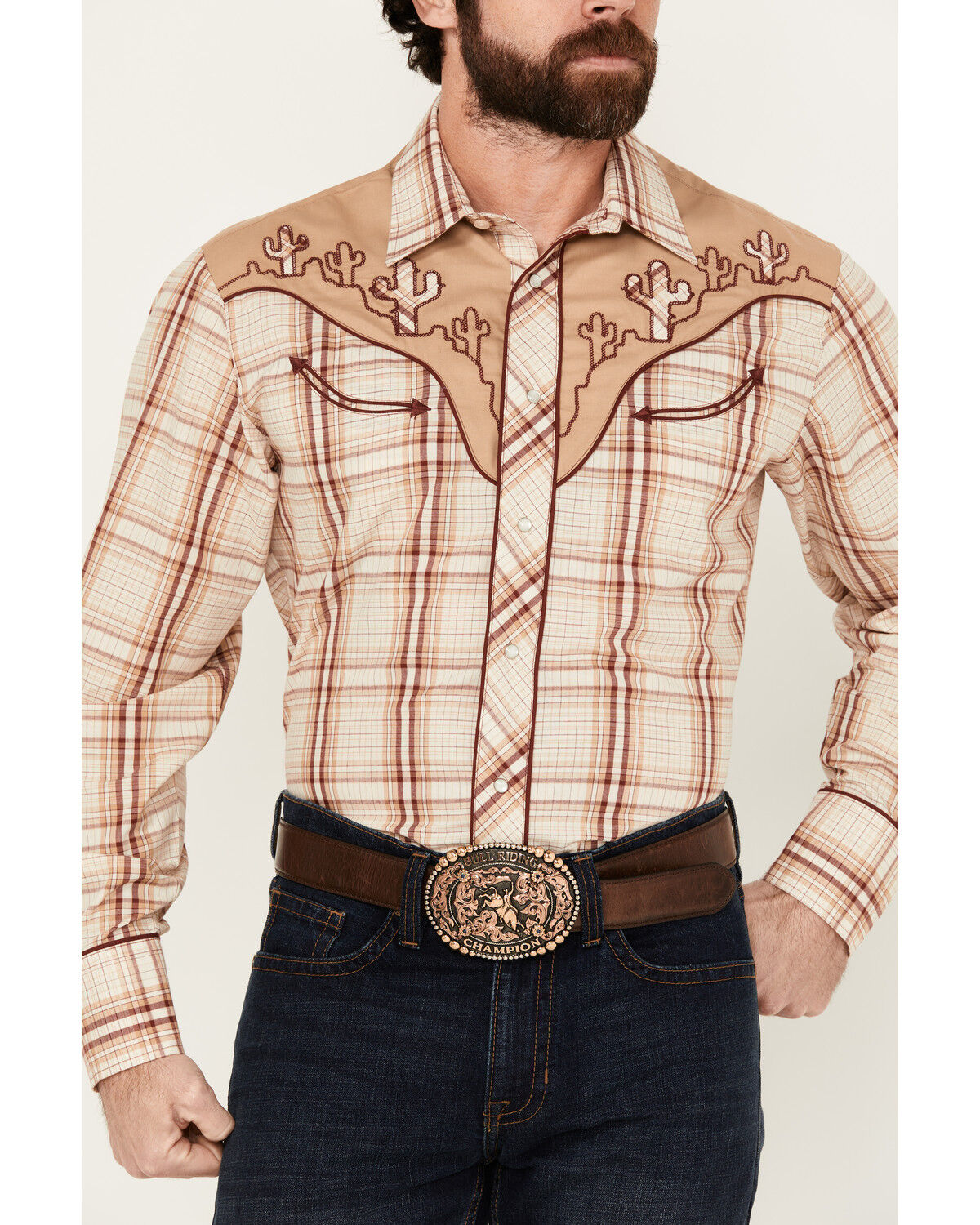 Image #3 - Roper Men's Plaid Print Embroidered Long Sleeve Pearl Snap Western Shirt, Tan, hi-res