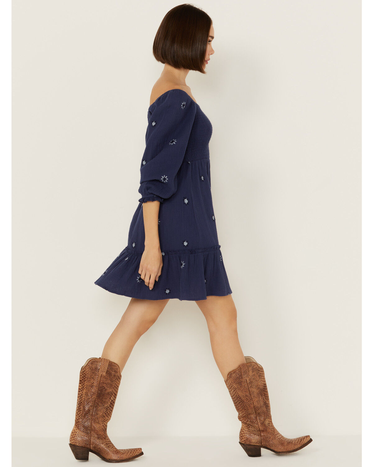 Image #2 - Jolt Women's Rouched Front Embroidered Mini Dress, Navy, hi-res