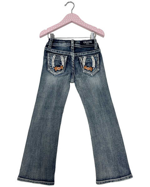 Image #1 - Grace in LA Little Girls' Light Wash Horseshoe Floral Bootcut Denim Jeans , Medium Wash, hi-res
