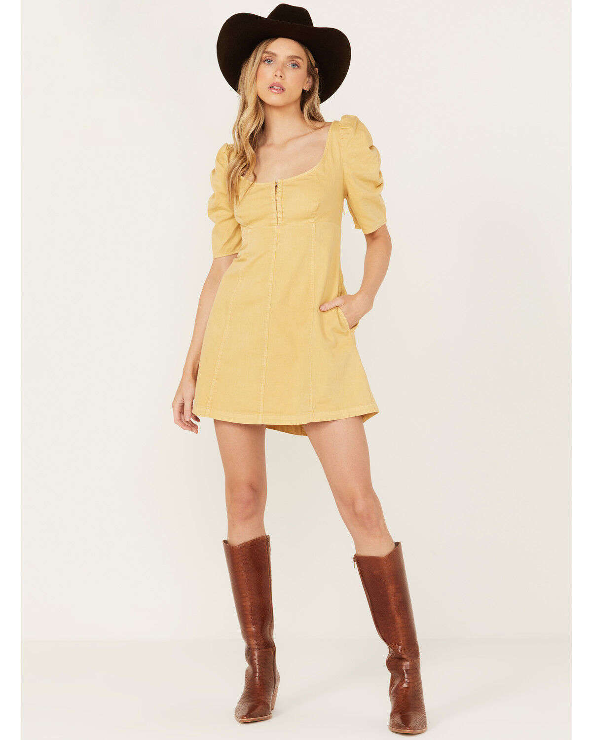 Image #1 - Free People Women's Cheyenne Denim Mini Dress, Yellow, hi-res