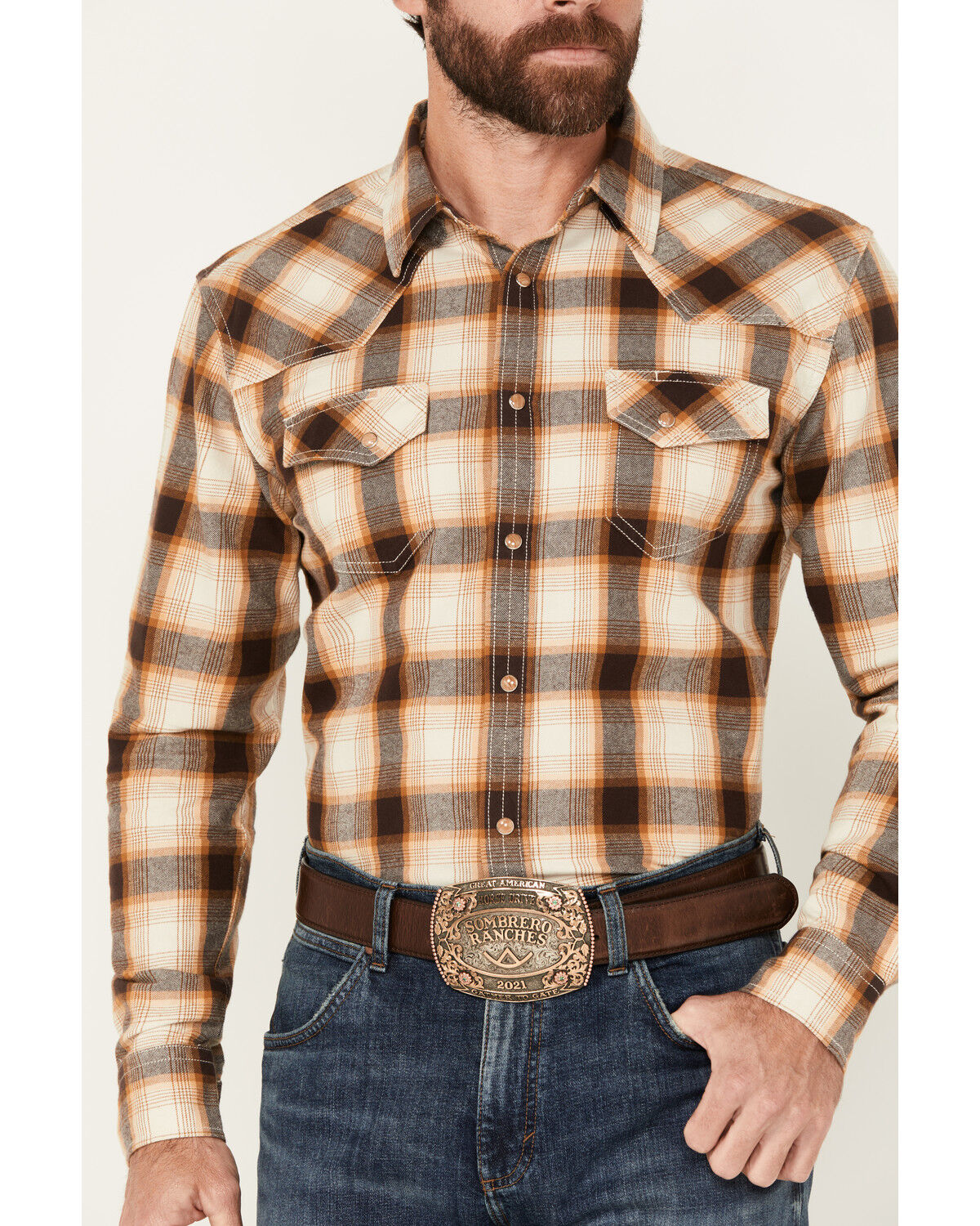 Image #3 - Blue Ranchwear Galveston Plaid Print Long Sleeve Snap Western Shirt, Dark Brown, hi-res