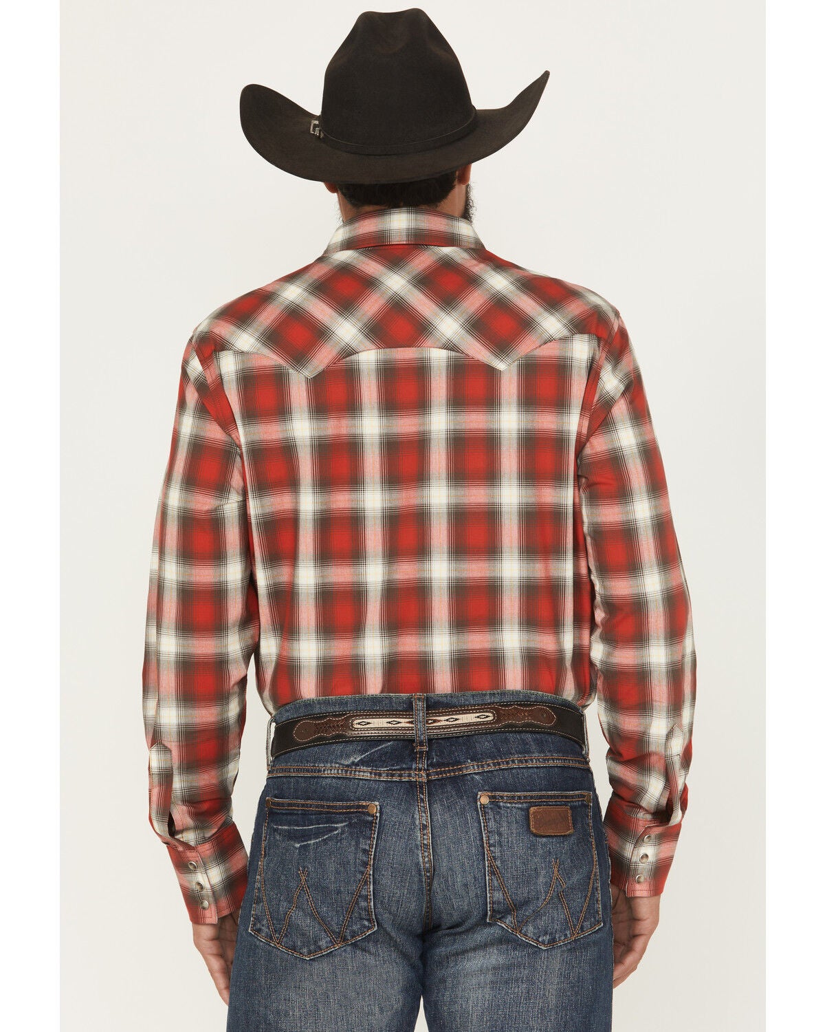 Image #4 - Wrangler Retro Men's Plaid Print Long Sleeve Snap Western Shirt, Red, hi-res
