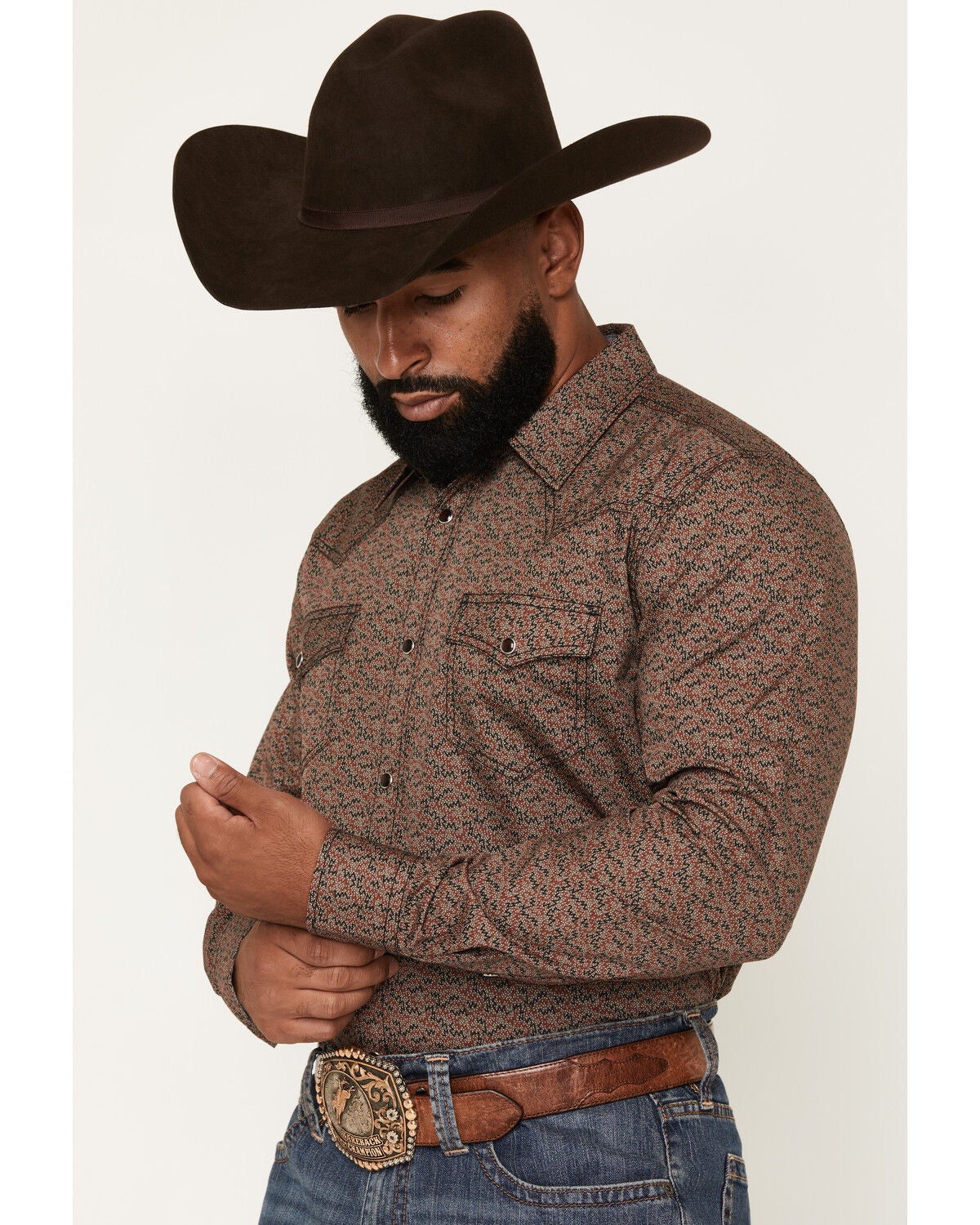 Image #2 - Cody James Men's Fireball Geo Print Long Sleeve Snap Western Shirt, Brown, hi-res