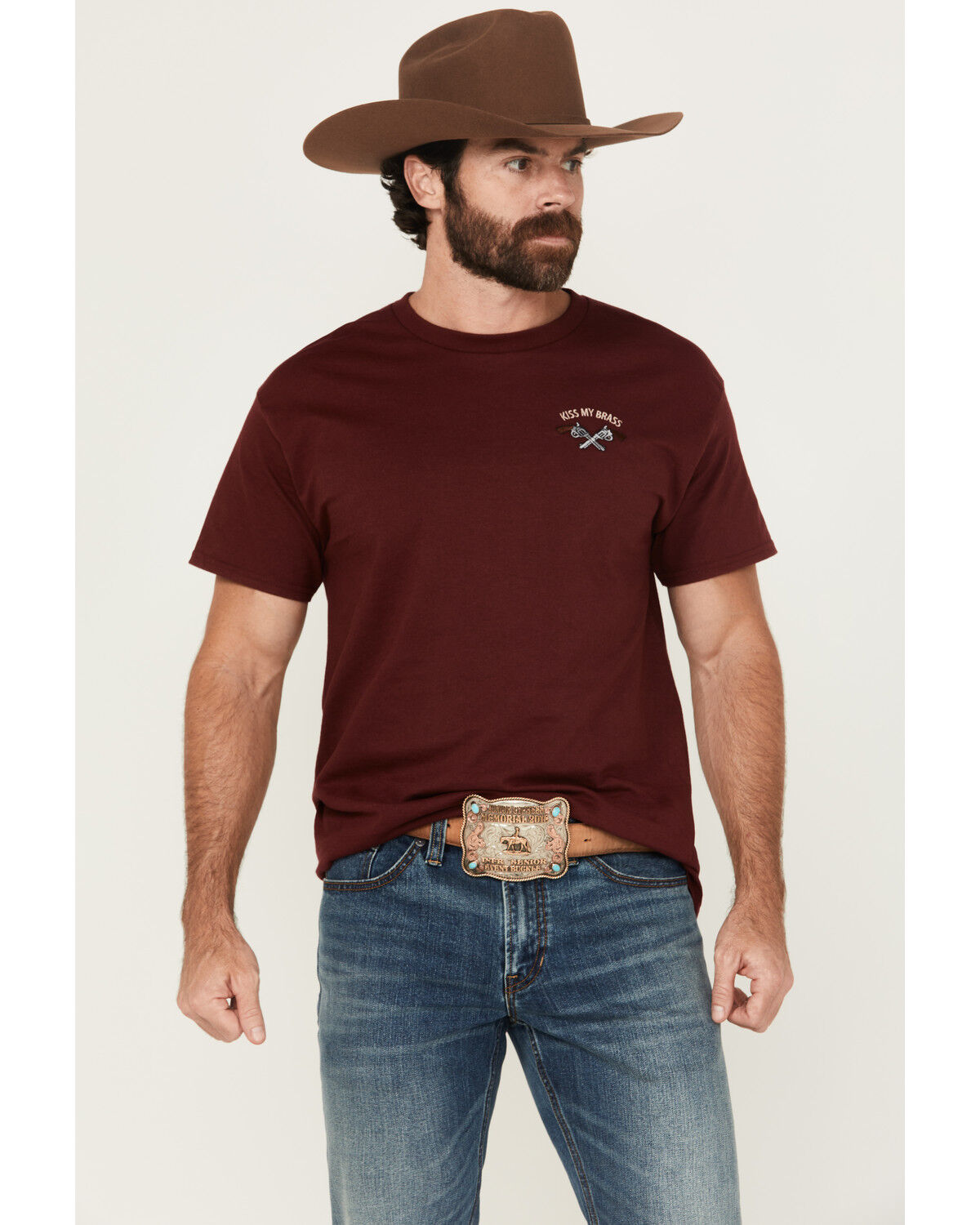 Image #1 - Riot Society Men's Boot Barn Exclusive Kiss My Brass Embroidery Short Sleeve T-Shirt, Burgundy, hi-res