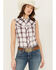 Image #1 - Ely Walker Women's Sleeveless Plaid Print Western Pearl Snap Shirt, Burgundy, hi-res