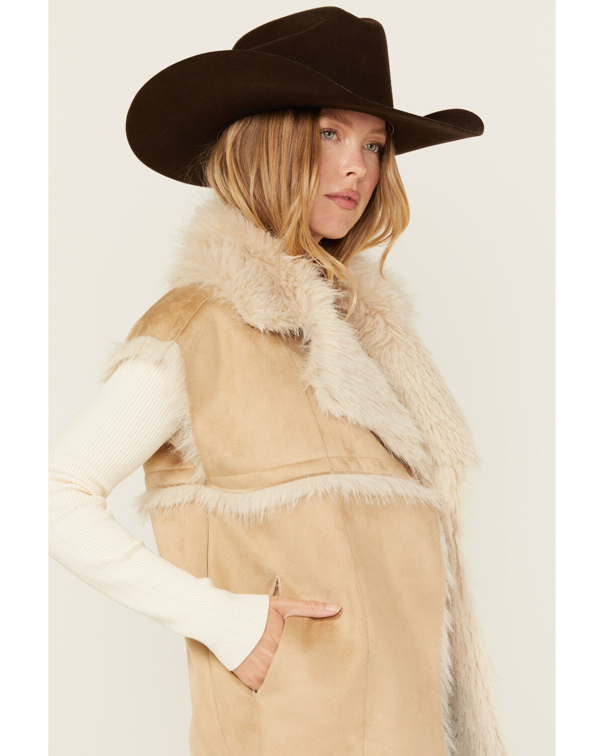 Image #2 - Revel Women's Faux Suede Fur Vest, Tan, hi-res