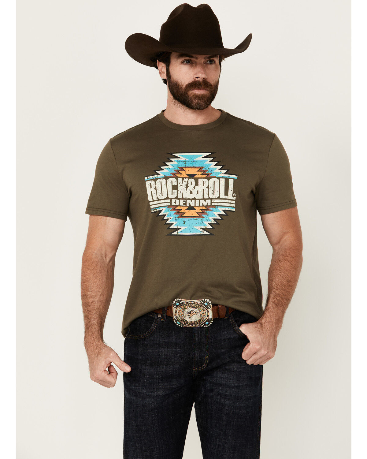 Image #1 - Rock & Roll Denim Men's Southwestern Print Logo Short Sleeve Graphic T-Shirt, Forest Green, hi-res