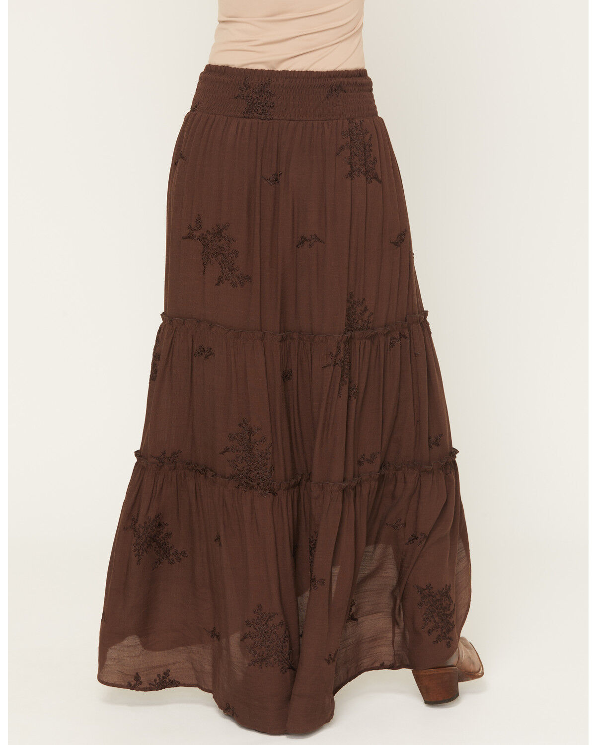 Image #4 - Wild Moss Women's Embroidered Ruffle Midi Skirt, Brown, hi-res