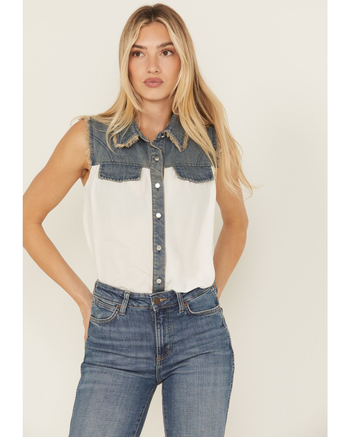 Image #1 - Cowgirl Hardware Women's Sleeveless Denim Chiffon Blouse, Medium Wash, hi-res